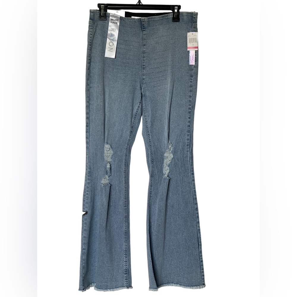 TinselTown Distressed Flare Light Blue Jeans High Waisted Elastic